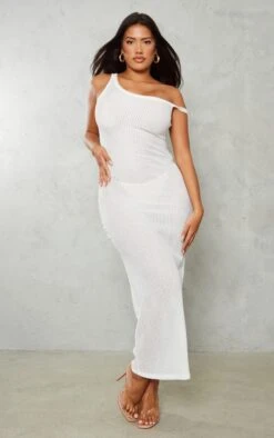 Shape White Soft Rib Sheer One Shoulder Maxi Dress