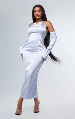 Shape Silver Satin Halterneck Bardot Sleeve Midi Dress