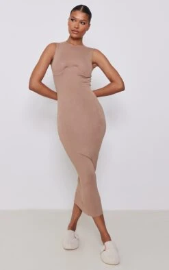 Soft Brown Jersey Under Wire Bust Detail Midaxi Dress