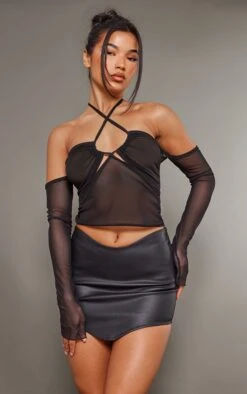 Black Curved Dip Hem Coated Denim Mini Skirt