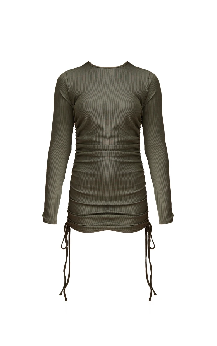 Khaki Thick Rib Ruched Side Bodycon Dress 5 Khaki Thick Rib Ruched Side Bodycon Dress - Image 5