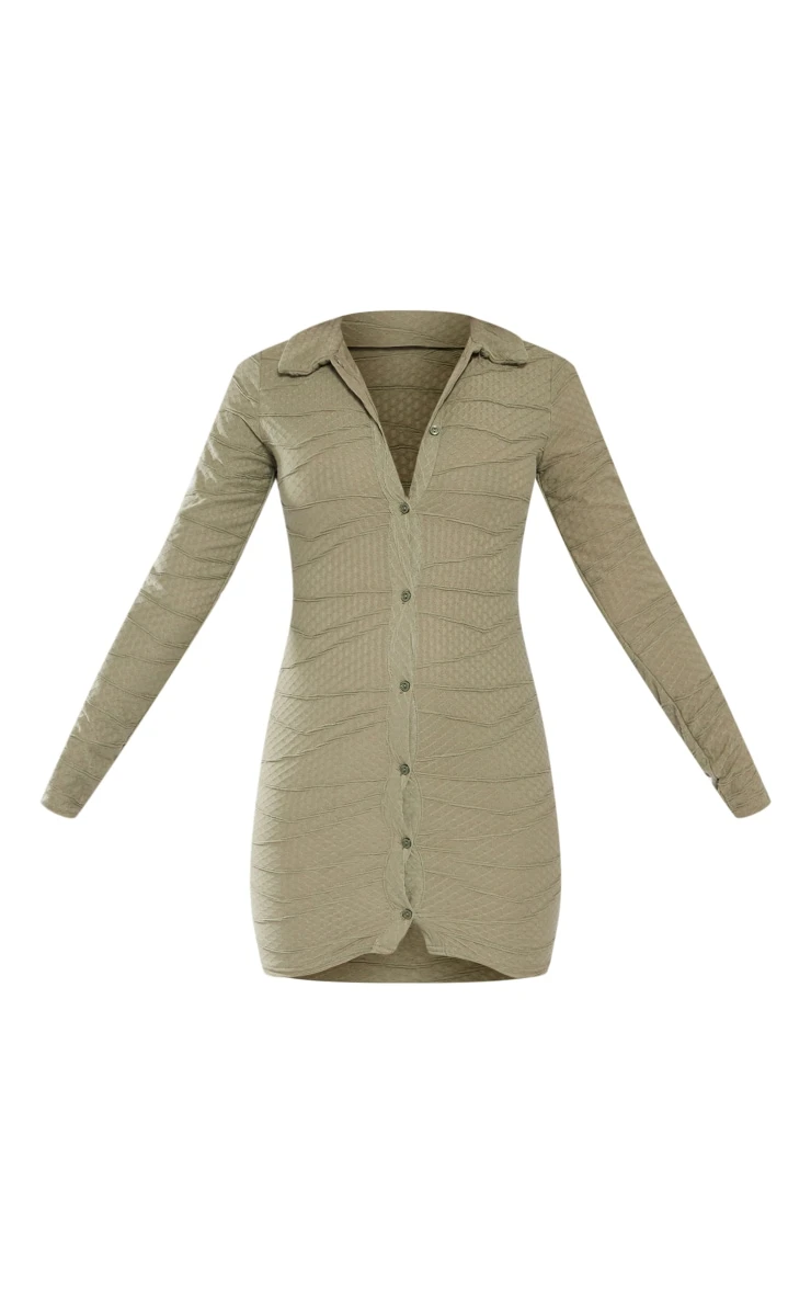 Sage Khaki Textured Button Down Polo Collar Shirt Dress 5 Sage Khaki Textured Button Down Polo Collar Shirt Dress - Image 5