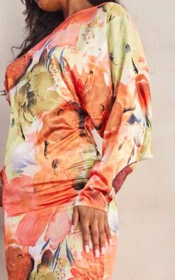 Orange Floral Print Satin Batwing Sleeve Midaxi Dress -Serenova Dresses Shop d024eba74172babf5fe4e15998c40c0e31ae61b5 cnd7549 4