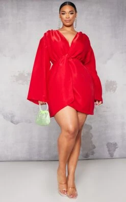 Plus Red Glitter Twist Front Wrap Shift Dress