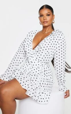 Plus White Polka Dot Frill Detail Wrap Dress