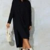 Black Drop Hem Deep Pocket Midi Shirt Dress