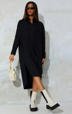 Black Drop Hem Deep Pocket Midi Shirt Dress