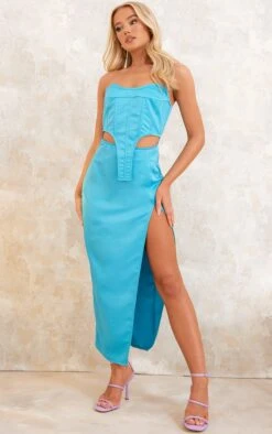 Blue Satin Bandeau Corset Stirrup Hem Split Midaxi Dress