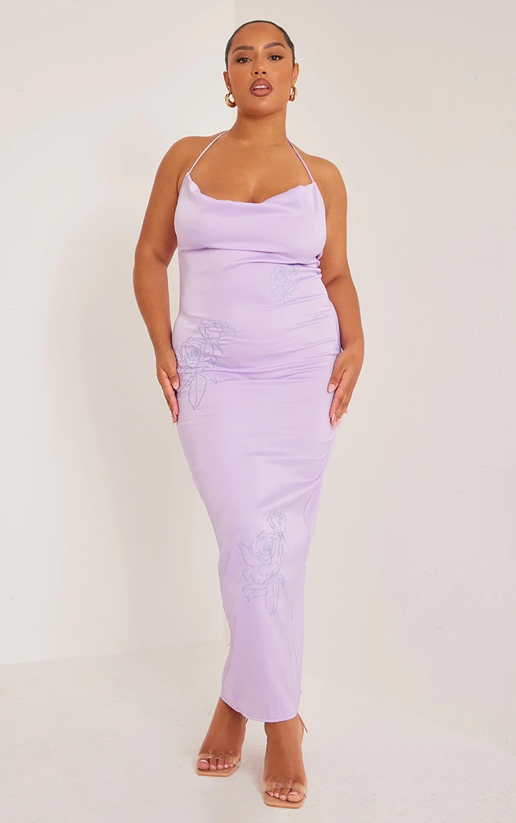 Plus Lilac Halterneck Satin Embroidered Maxi Dress 1 Plus Lilac Halterneck Satin Embroidered Maxi Dress