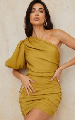 Olive Chiffon One Shoulder Puff Sleeve Bodycon Dress -Serenova Dresses Shop dc422cec9e3e373ee5ea13147dc2ff149e782b2a cmy8598 5