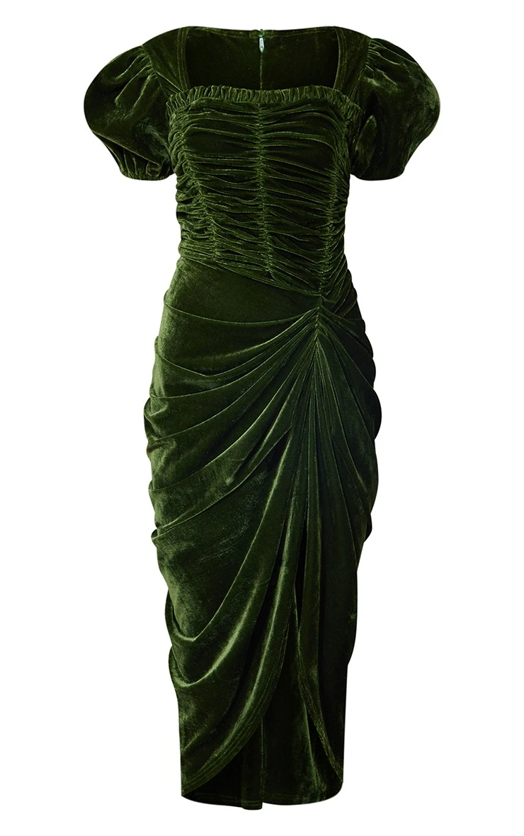 Olive Ruched Bodice Puff Sleeve Velvet Midi Dress 5 Olive Ruched Bodice Puff Sleeve Velvet Midi Dress - Image 5