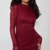 Dark Plum Mesh High Neck Drape Detail Ruched Bodycon Dress