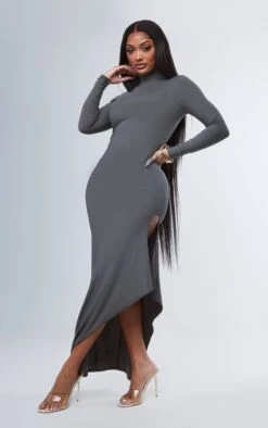 Shape Sage Khaki Rib High Neck Frill Hem Maxi Dress