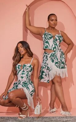 Plus Dark Green Abstract Floral Tassel Hem Wrap Tie Skirt