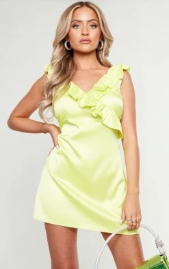 Petite Lemon Frilled Satin Mini Dress
