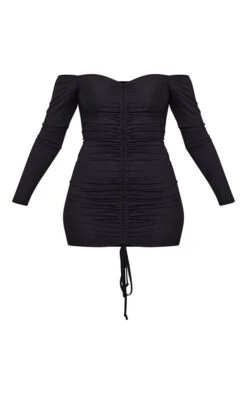 Black Ribbed Long Sleeve Bardot Ruched Bodycon Dress -Serenova Dresses Shop ddd6258a5120e8502da3e17aa88602fbcb18dd84 clv7379 5