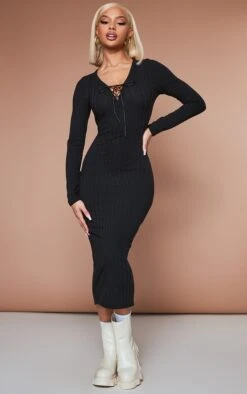 Black Rib Lace Up Detail Midaxi Dress
