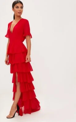 Red Chiffon Ruffle Layer Maxi Dress
