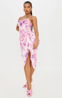 Lilac Tie Dye Print Satin Ruched Skirt Corset Detail Midi Dress -Serenova Dresses Shop e582cebc6f318570152e4a2bfdfaf69ae7fbb431 cmr2149 4