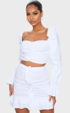 White Woven Stretch Frill Ruched Front Mini Skirt