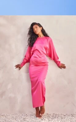 Hot Pink Satin Batwing Sleeve Midaxi Dress