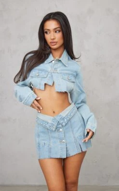 Petite Light Blue Wash Distressed Button Front Denim Micro Mini Skirt