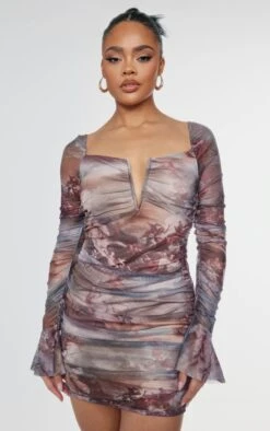 Multi Renaissance Print Mesh V Bar Ruched Bodycon Dress