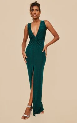 Emerald Green Acetate Slinky Twist Detail Maxi Dress