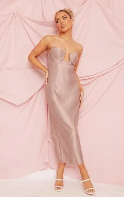Mauve Satin V Bar Bandeau Midi Dress