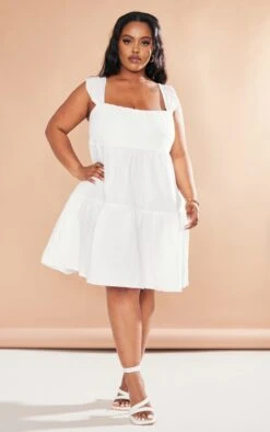 Plus White Textured Tiered Shift Dress