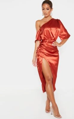 Rust Satin One Shoulder Ruched Skirt Midi Dress