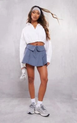 Steel Blue Twill Foldover Waistband Oversized Pocket Bag Mini Skirt