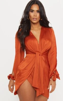 Rust Satin Twist Front Open Sleeve Wrap Dress