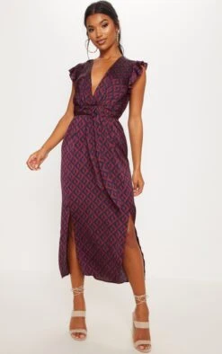 Navy Geo Print Satin Frill Shoulder Split Midi Dress