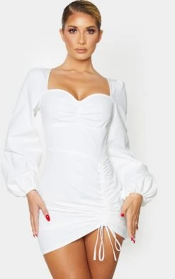 White Long Sleeve Sweetheart Neck Ruched Bodycon Dress
