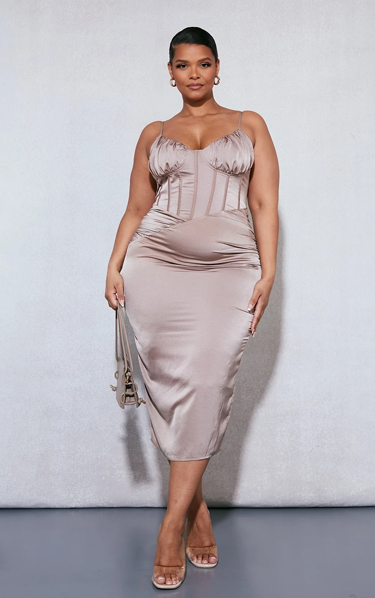 Plus Mocha Ruched Bust Satin Midi Dress 1 Plus Mocha Ruched Bust Satin Midi Dress