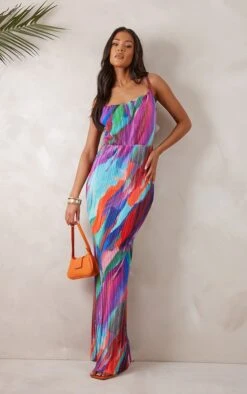 Tall Multi Abstract Print Plisse Strappy Maxi Dress