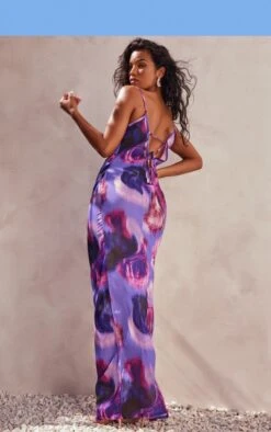 Purple Abstract Floral Print Sheer Chiffon Lace Up Back Maxi Dress