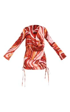 Orange Swirl Print Satin Extreme Cowl Ruched Long Sleeve Bodycon Dress -Serenova Dresses Shop f9286e08bb3171c700d2bf01931ed73658c0d879 cne3794 5