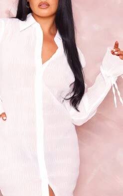 White Textured Chiffon Sheer Bell Cuff Shirt Dress -Serenova Dresses Shop fa266a8de85e44d958d788e718e4c6524220d5c3 cnd5900 4