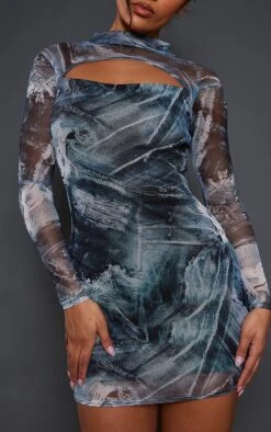 Blue Denim Print Mesh Cut Out Long Sleeve Bodycon Dress -Serenova Dresses Shop fafe393164a9441388343b004f7416bb2fe6e619 cnc3010 4