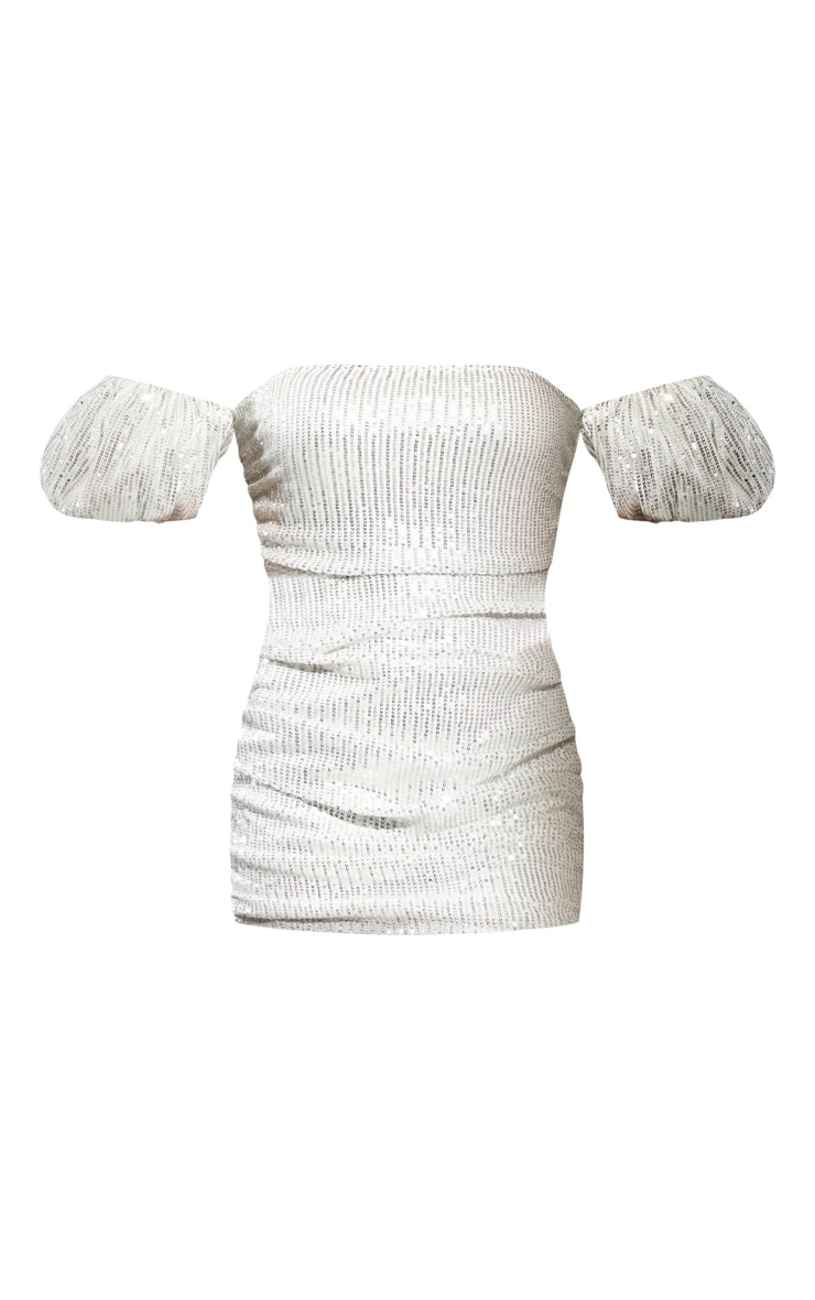 Silver Sequin Bardot Puff Sleeve Bodycon Dress 5 Silver Sequin Bardot Puff Sleeve Bodycon Dress - Image 5