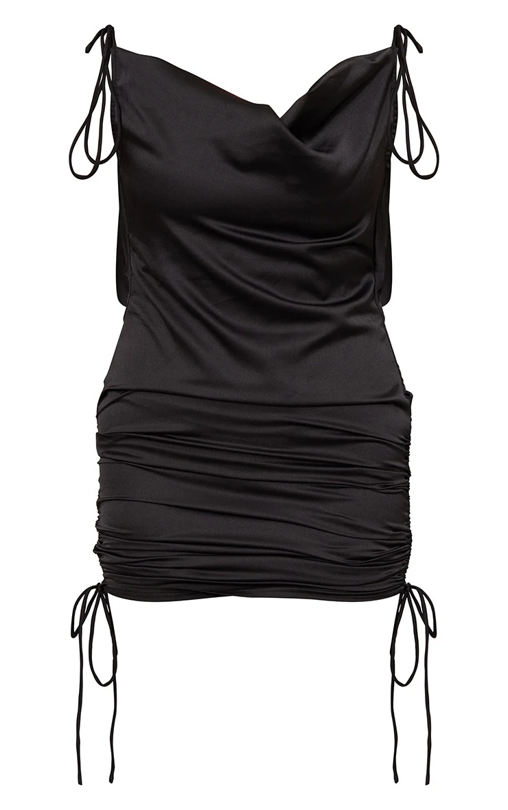 Black Satin Cowl Neck Ruched Sides Strappy Bodycon Dress 5 Black Satin Cowl Neck Ruched Sides Strappy Bodycon Dress - Image 5