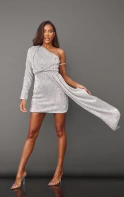 Silver Sequin One Shoulder Draped Bodycon Dress