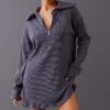 Petite Ink Blue Rib High Neck Half Zip Oversized Sweatshirt Dress