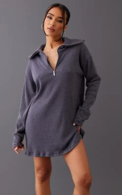 Petite Ink Blue Rib High Neck Half Zip Oversized Sweatshirt Dress