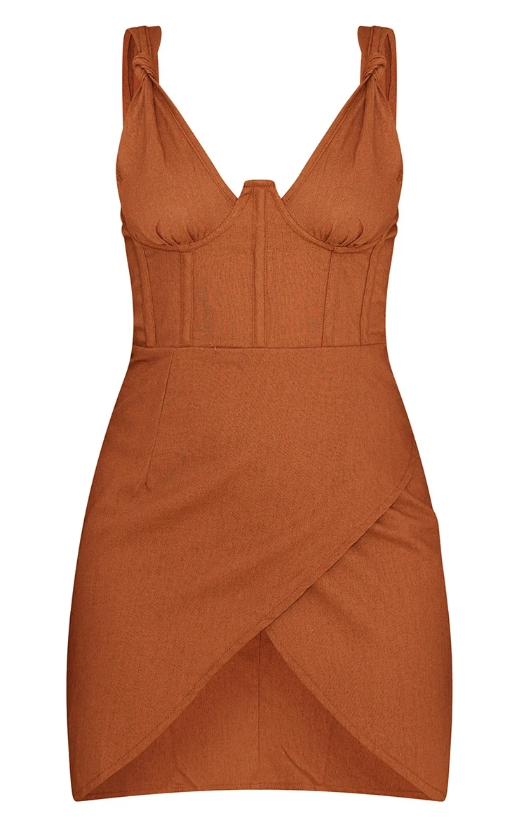 Chocolate Linen Knot Strap Underwired Bodycon Dress 5 Chocolate Linen Knot Strap Underwired Bodycon Dress - Image 5